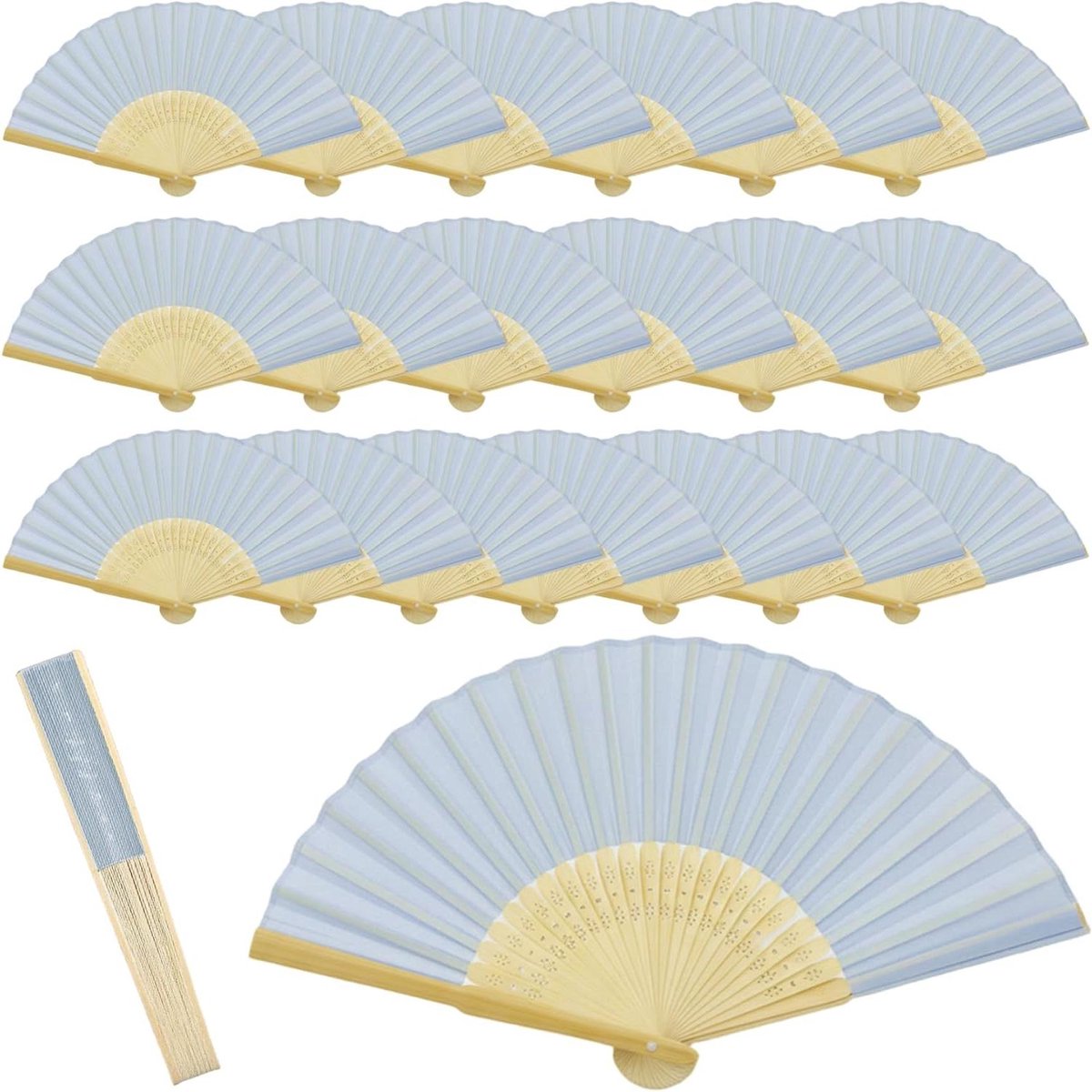 Opvouwbare Handventilator - Zijden Decoratie - Feestelijke Koelte - Natuurlijk Bamboe - 20 Stuks - Lichtblauw