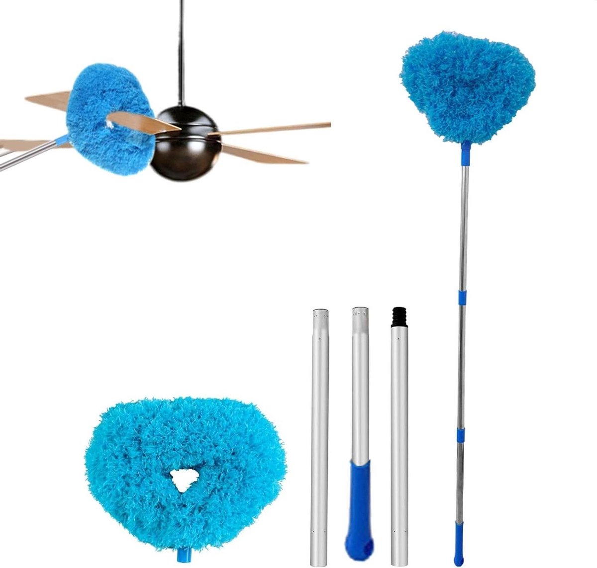 Ventilator Reiniger - Stofdoek Hoge Plafonds - Stof Verwijderen - Uitschuifbare Steel - Tot 126 cm - Blauw