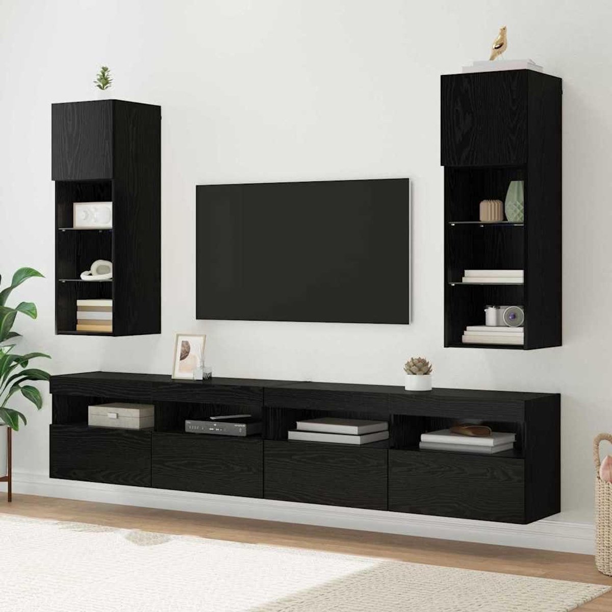 Wandkasten Set - Tv Meubels - Woonkamer Decoratie - Met Led Verlichting - 30x90 cm - Zwart Eiken