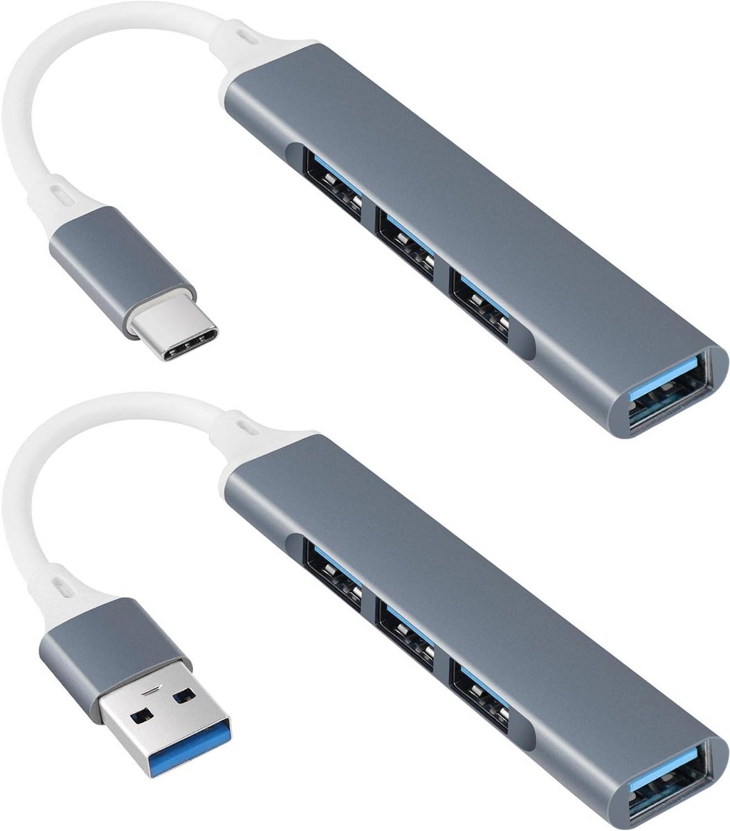 USB Hub Set - Poorten Expander - Extra Apparaten - 2 Stuks Combo - 4 Poorten - Zilver