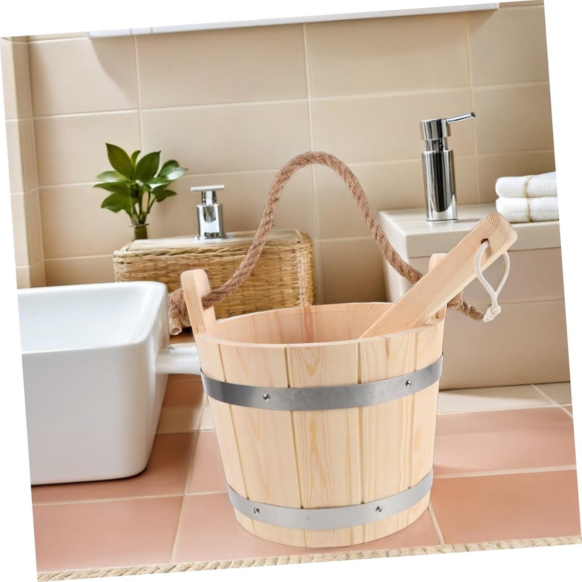 Sauna Emmer met Schep - Sauna Accessoires Hout - Ontspannende Sauna Sessies - Hitte- en Vochtbestendig - 24.5 cm - Beige thumbnail 2