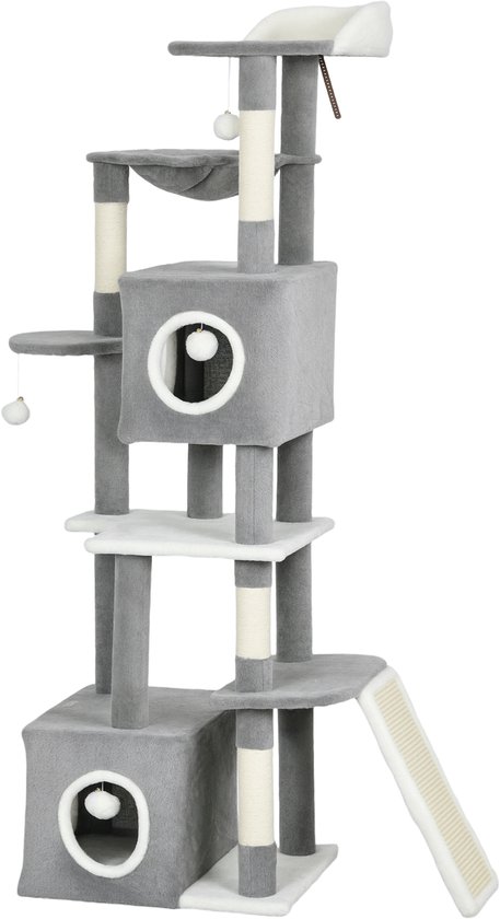 Grijze kattenkrabpaal met meerdere verdiepingen, met een hangmat, meerdere platformen en een helling.