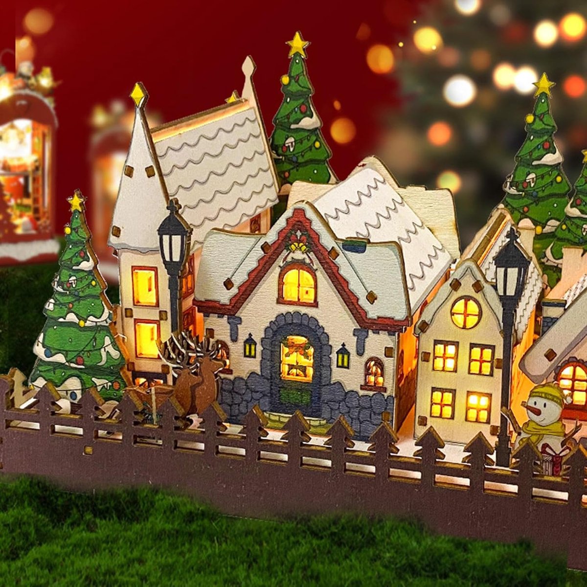 Kerstdorp Hout - Verlichte Huisjes - Feestelijke Decoratie - Complete Set - 35x28x5 cm - Niet gespecificeerd – foto 3