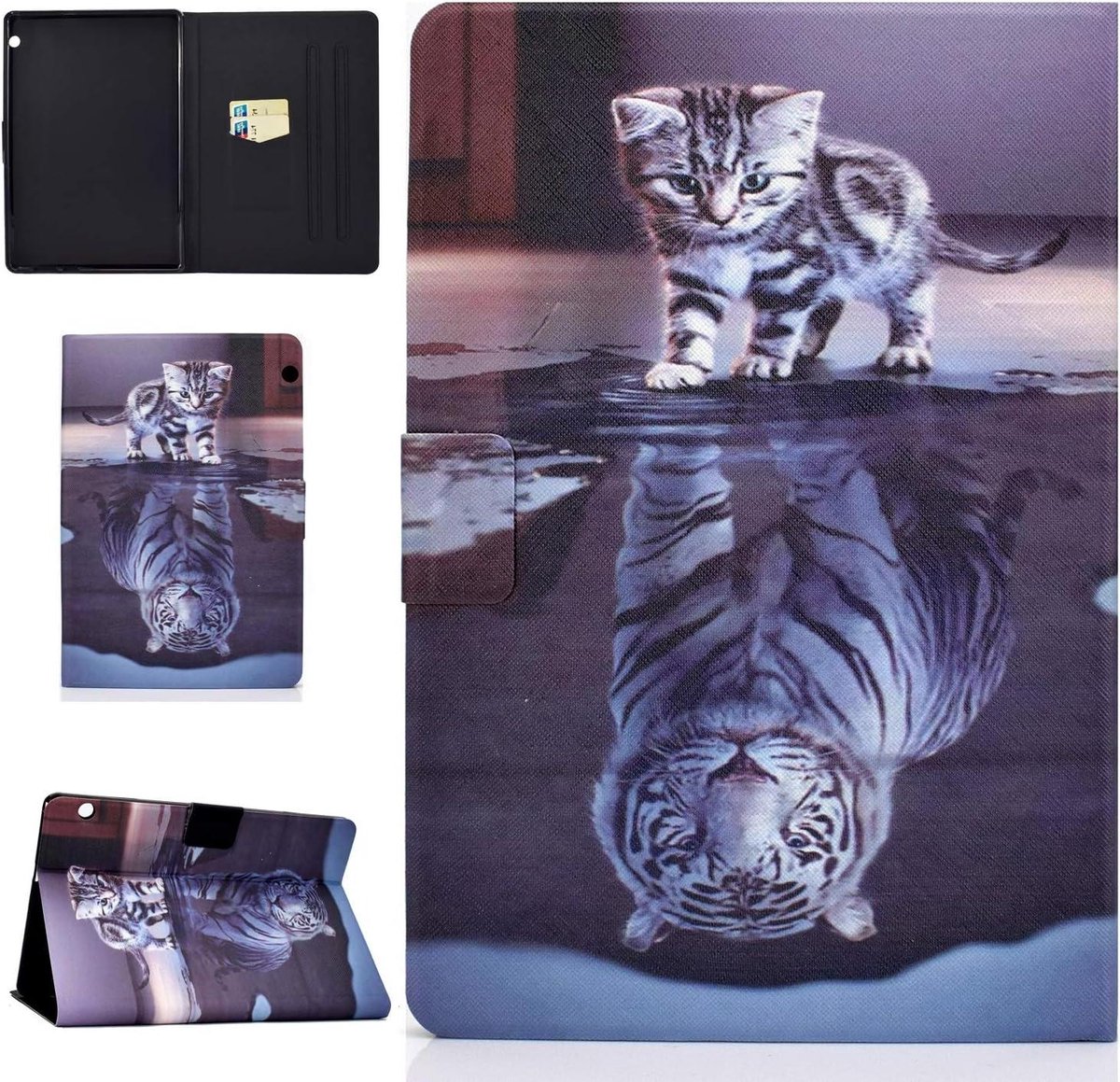 Tablethoes - Beschermhoes Flip Wallet - Tablet Bescherming - Met Kaarthouders - 10.1 Inch - Kat Tijger