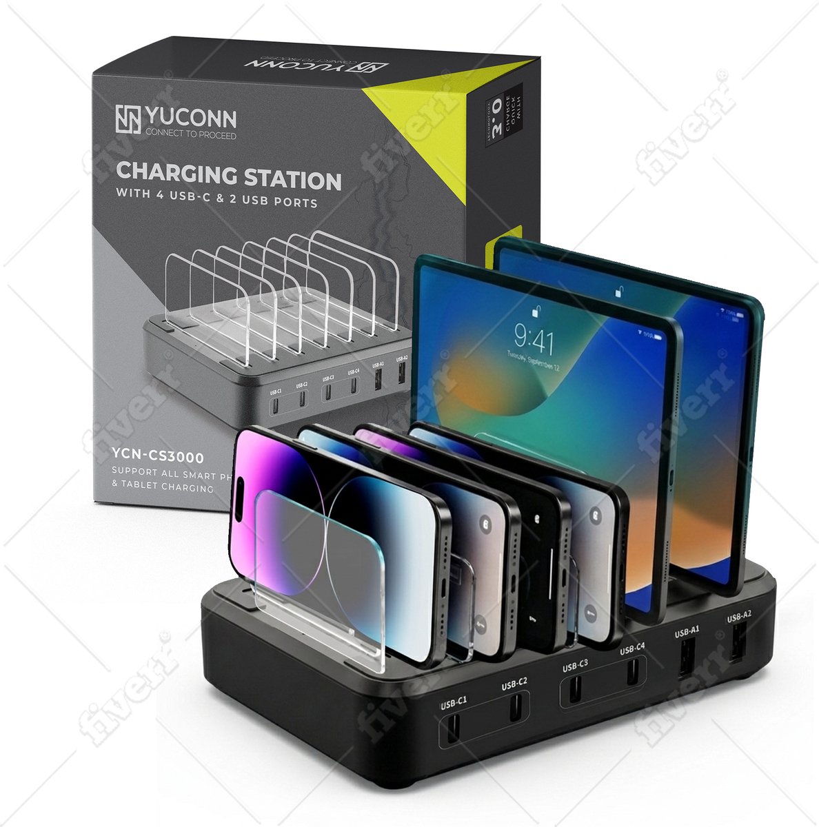 YUCONN Oplaadstation Snellader- 6 Poorten - Familie Oplaadstation Smartphones/Tablet - Charging Station USB Snellader - Lader voor Thuis en Kantoor