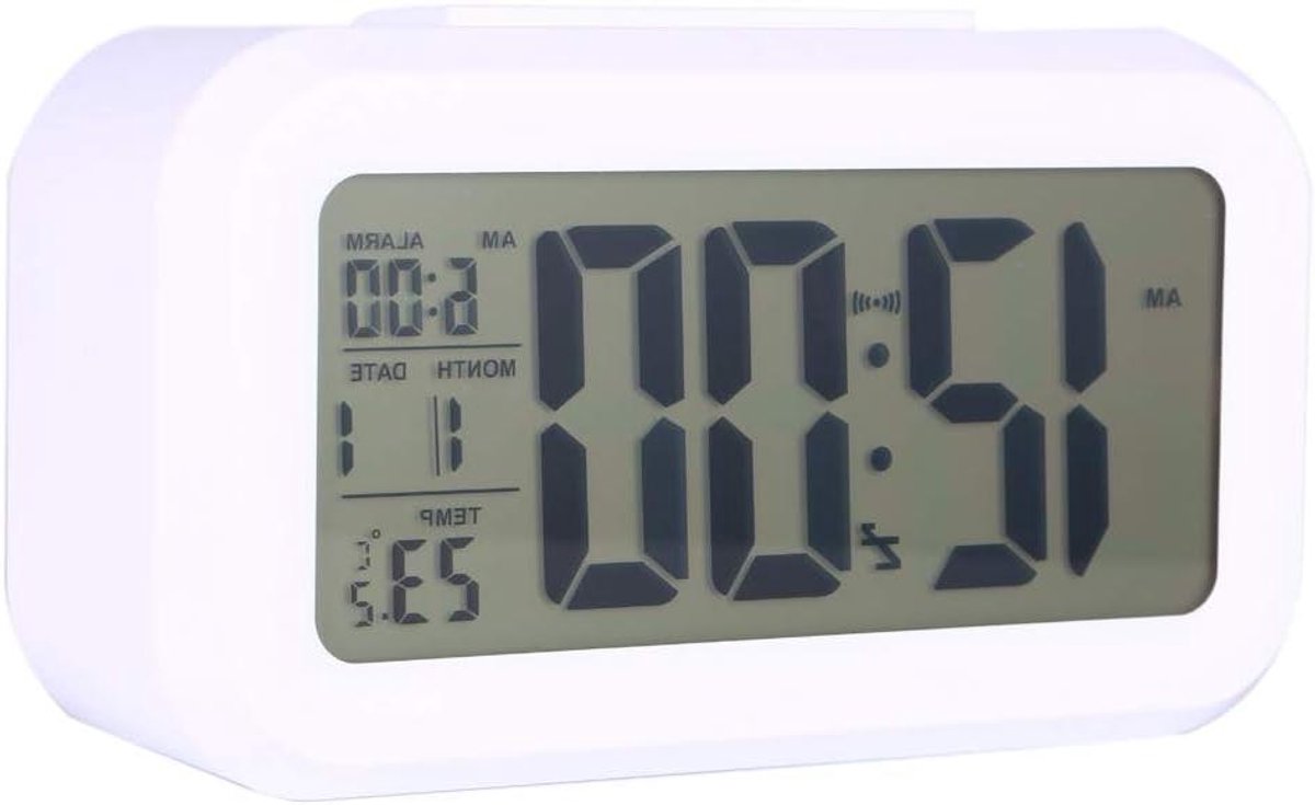 Digitale Wekker - LCD Klok - Tijd Weergeven - Automatische Verlichting - 9x9 Centimeter - Wit