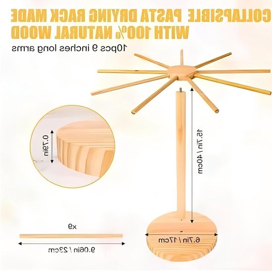 Dailygoods - Noedeldroger met 9 stangen, inklapbaar, plank voor verse en zelfgemaakte pasta, keukengereedschap voor het ophangen van handgemaakte pasta van Dailygoods — afbeelding 4