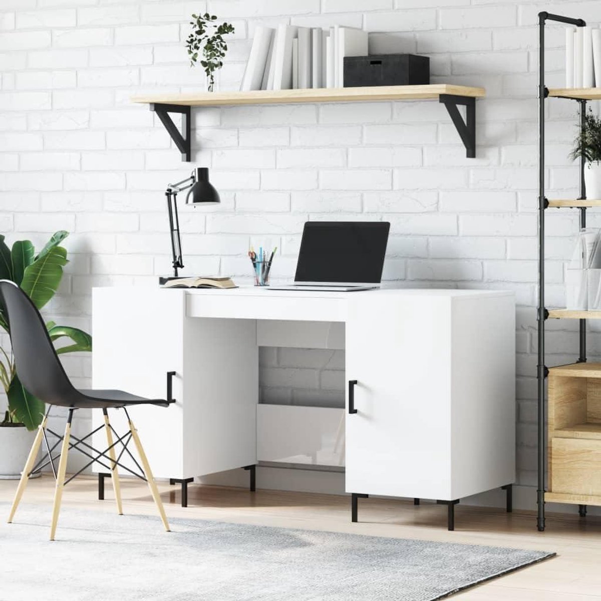 Bureau met opbergruimte - Werktafel - Thuiswerken - Vochtbestendig multiplex - 140 cm breed - Wit glanzend