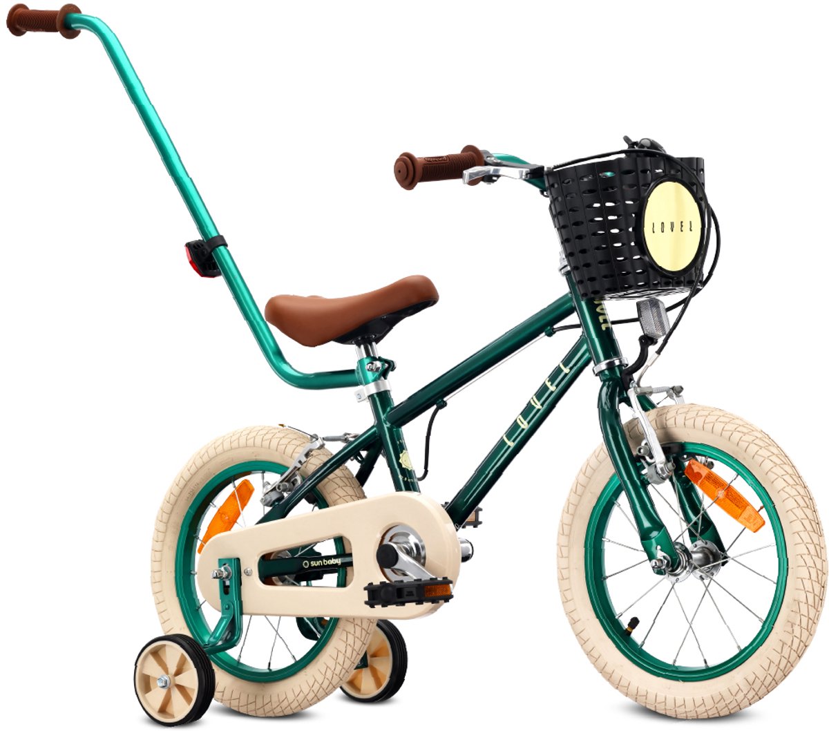 Sun Baby Kinderfiets 14 Inch LOVEL Fiets voor Jongen 3-5 Jaar, Max 50 kg - zijwieltjes, mandje, bel, kettingkast, duwstang - Donkergroen