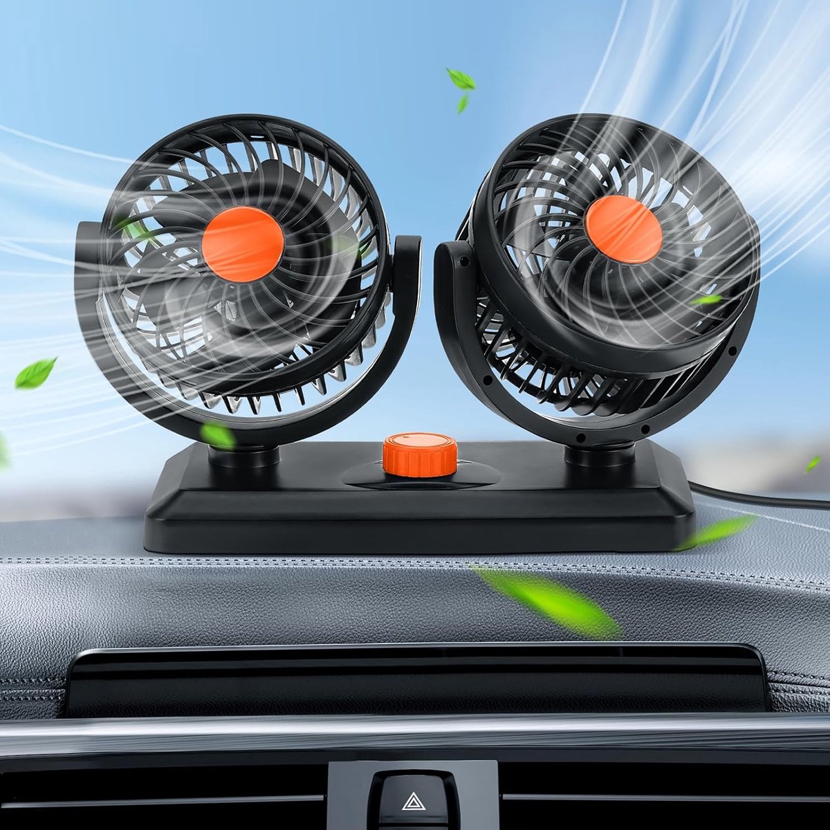 Draagbare autoventilator, 12V/24V dubbele ventilator, 2 instelbare snelheden, 360° draaibaar, met sigarettenaanstekeraansluiting, geschikt voor auto's, vrachtwagens en bestelwagens.
