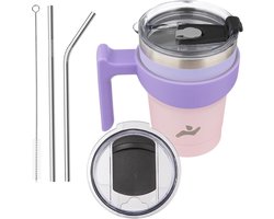 Konokyo 10 oz beker met handvat en 2 rietjes, 2 deksels, geïsoleerde waterfles roestvrij staal vacuüm beker herbruikbare reismok, pastel zonsondergang