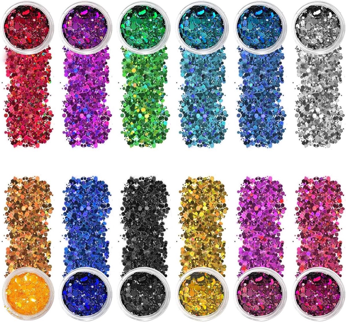 12 Stuks Fijne Shiny Cosmetische Pailletten voor Gezicht, Haar en Lichaam - Perfect voor Halloween Feest en Creatieve Make-up (Donker, Geel, Groen, Rood, Paars, etc.)