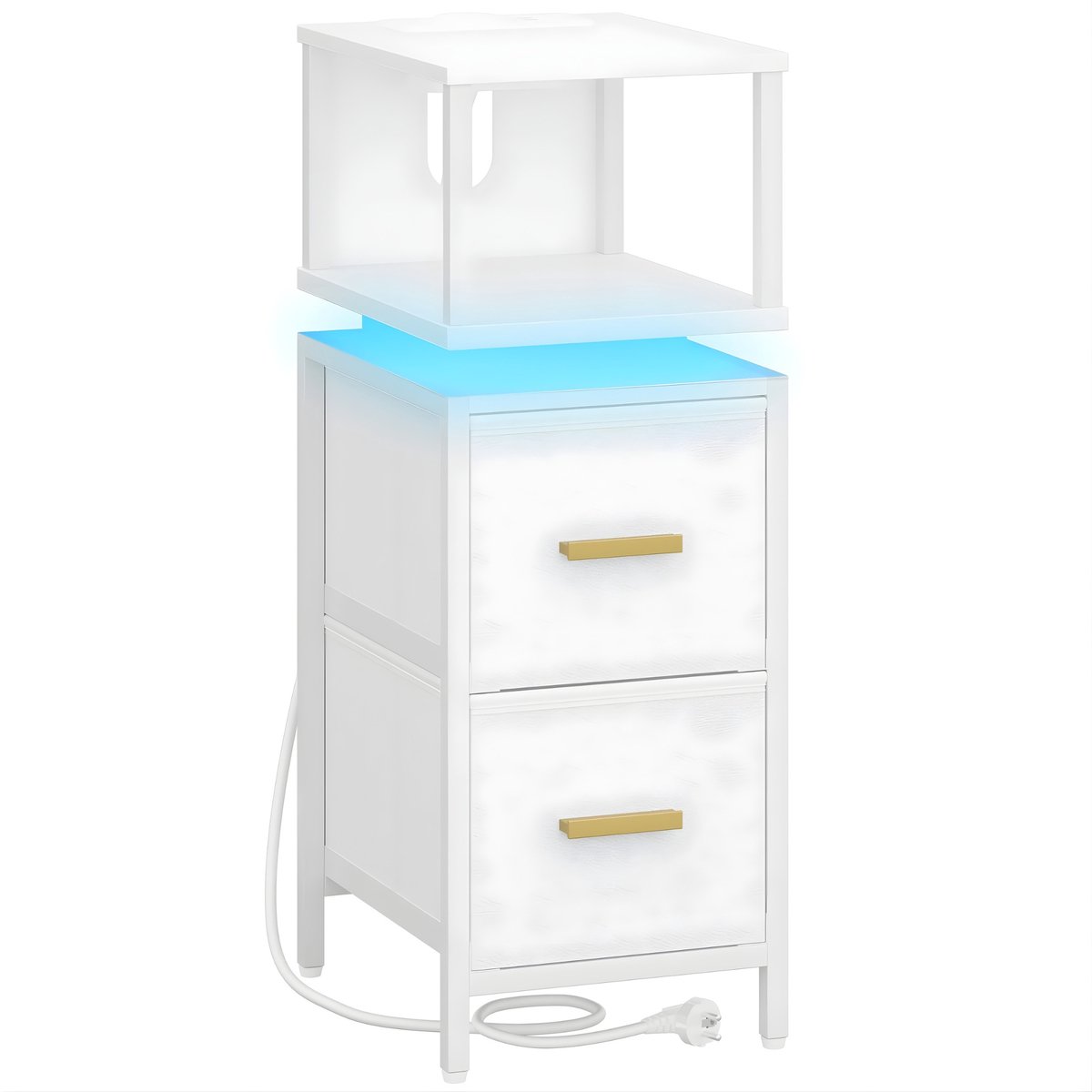 Happiq Nachtkastje – Voor Slaapkamer & Woonkamer – Smalle Bijzettafel met 2 Stoffen Lades en Planken – Wit White
