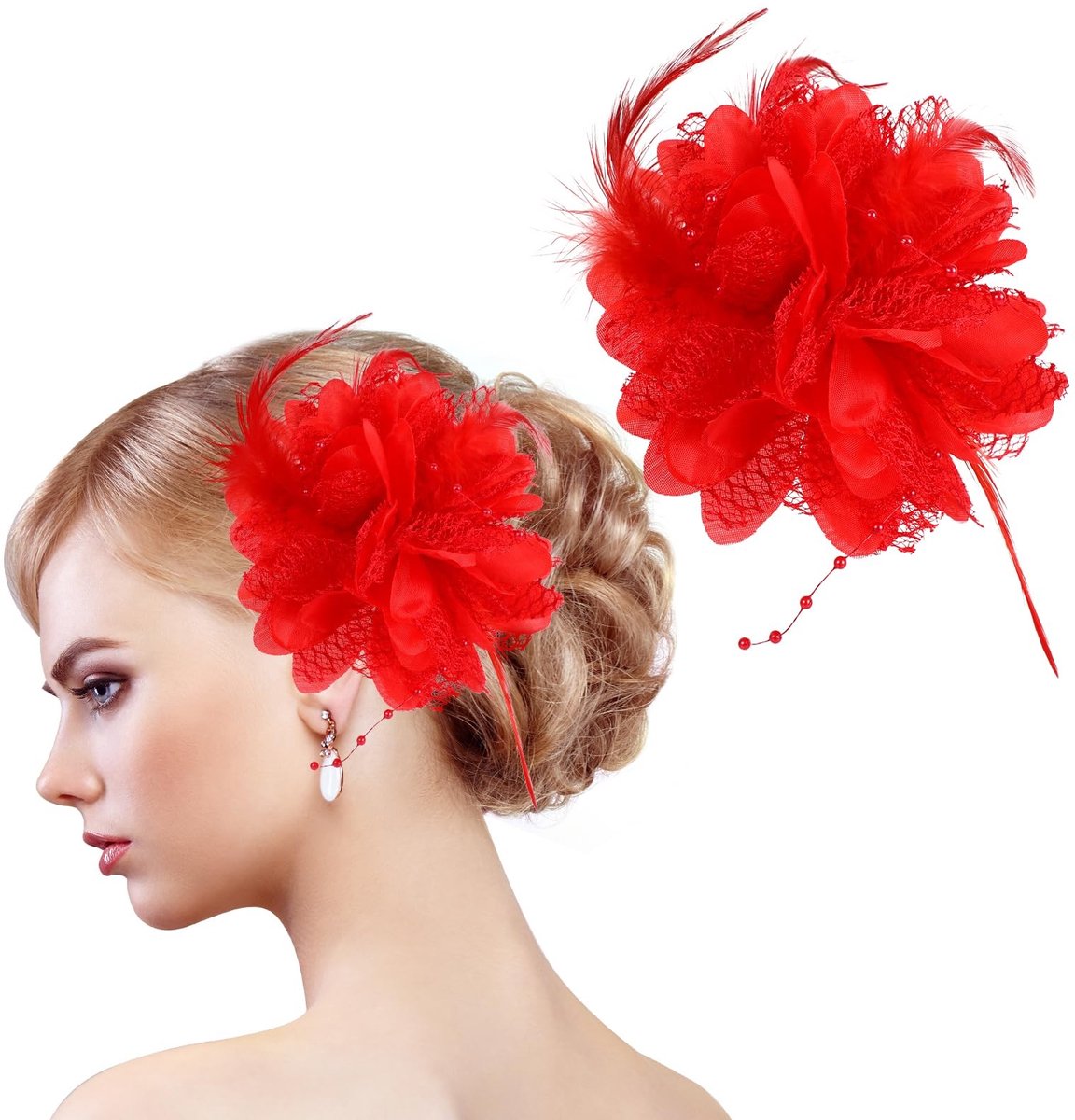 Dailygoods - Set van 2 Rode Veren Bloem Haarclips voor Vrouwen