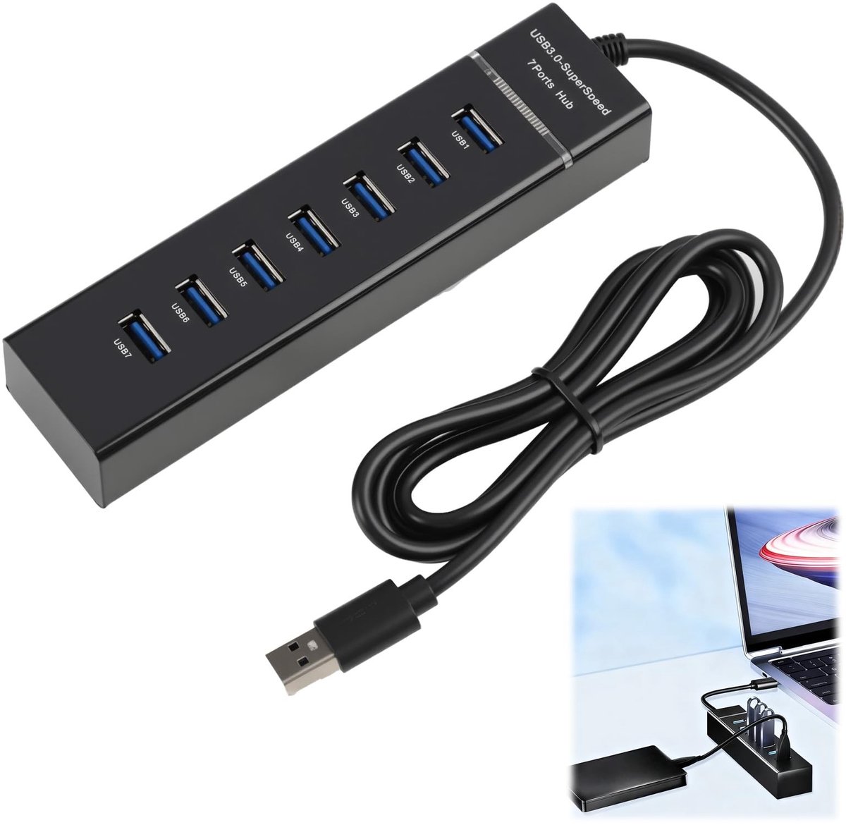 Dailygoods - Innovra - 7-poorts USB Hub met 120 cm Kabel