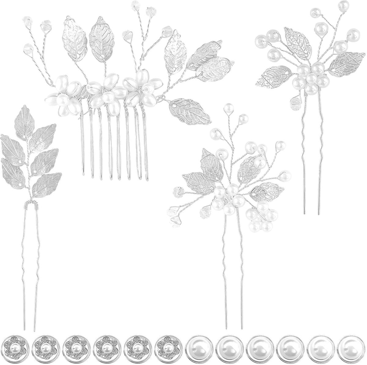 Dailygoods - Set van 16 Zilveren Bruidshaaraccessoires met Parel en Bloemen