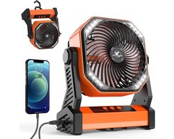 Campingventilator met LED Lantaarn 20000 mAh – Oplaadbare Tentventilator met Licht, Haak en USB – Desktopventilator voor Kamperen en Vissen – Legergroen
