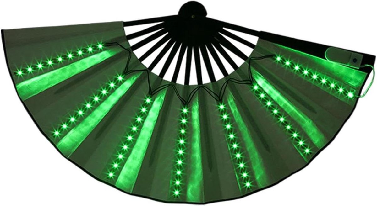 Handventilator met LED - Lichtgevende waaier - Feestelijke sfeer creëren - Verbeterde zichtbaarheid - 64 cm uitgevouwen - Groen