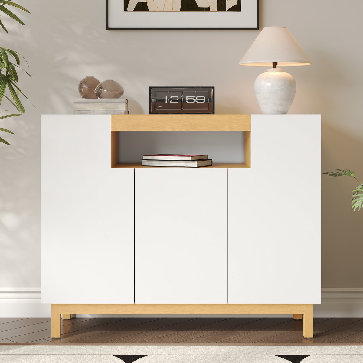 MODFU Dressoir - Drie Deuren En Open Vak - Minimalistisch - Voor Woonkamer Of Eetkamer - Spaanplaat - Wit