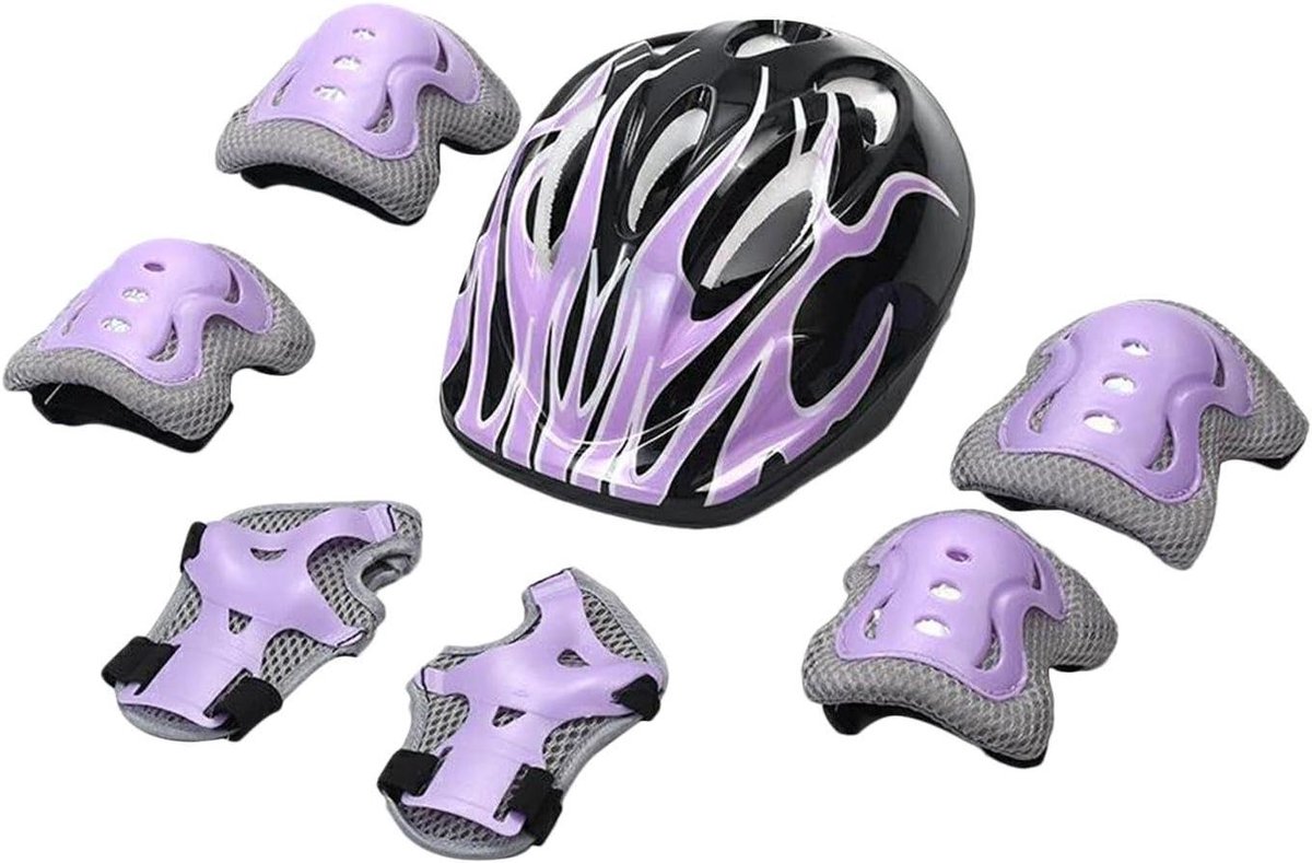 Kinderbeschermingsset - Helm en pads - Veilig sporten - Verstelbaar ontwerp - 53-55 cm hoofdomtrek - Paars