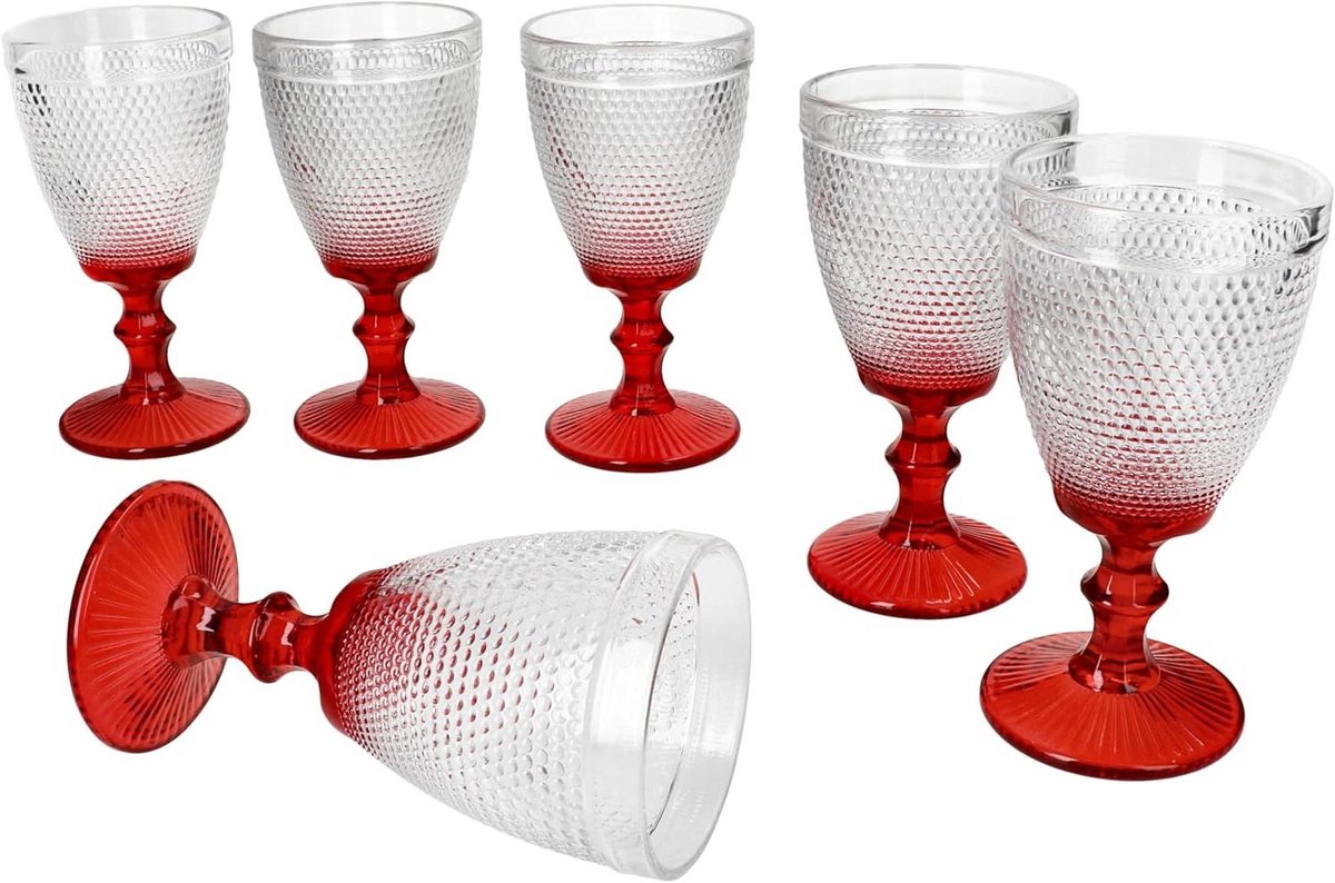 Wijn glazen - Set van zes - Feestelijke momenten - Gestructureerde kelk - 250 ml - Rood detail