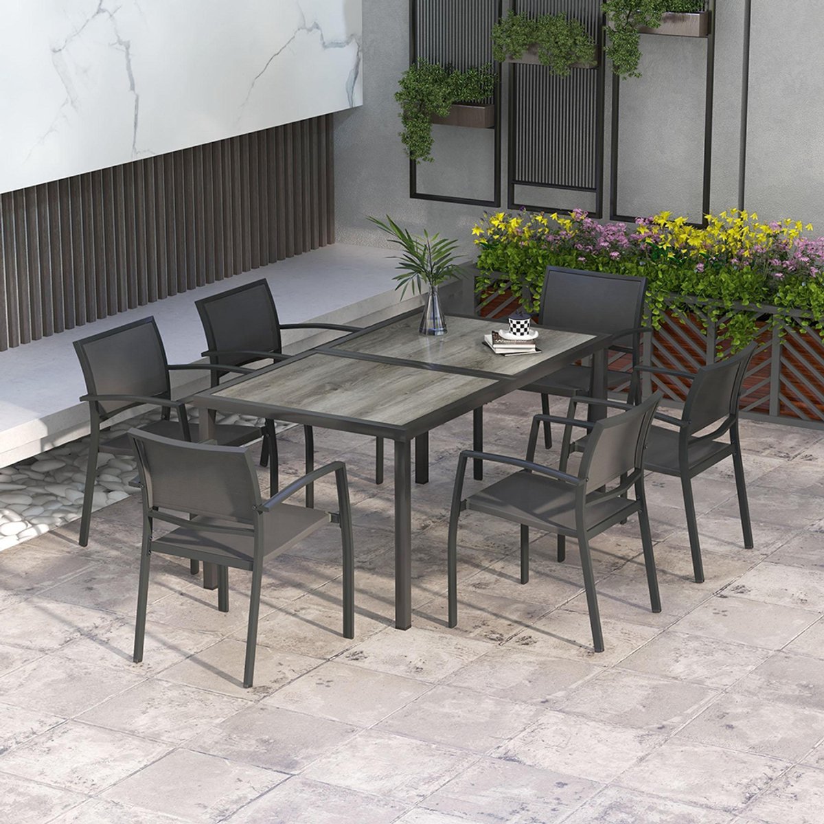 YEHTOKHOME Tuinset - Tuinmeubelset - Geschikt voor 6 personen - 6 Stoelen en 1 Tuintafel - Poedercoat Staalframe, Tafelblad met houtnerf - Grijs