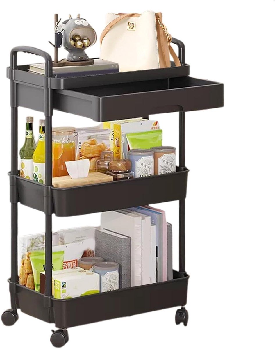 Dienblad Kar - Opbergwagen Mobiel - Ruimte Besparen - Drie Lagen - 41 x 30 x 76cm - Zwart