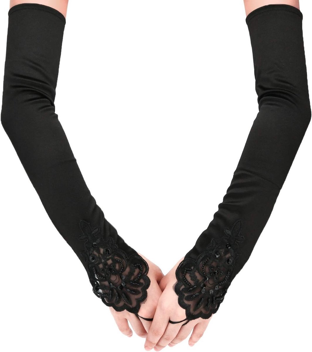 Elegante Lange Satijnen Vingerloze Opera Avondhandschoenen voor Dames en Meisjes - Perfect voor Feestjes en 1920s Thema's (Zwart)