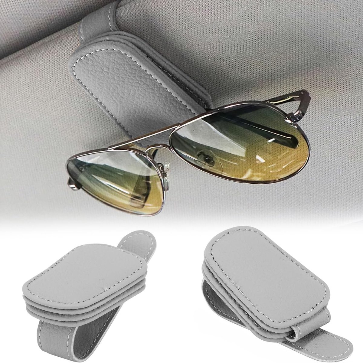 Dailygoods - Dailygoody - Zonnebrilhouder - Grijze Leren Zonnebril Clip - Universele Bevestiging - Auto - Zonnebril Organizer - Ruimtebesparend - Geschikt voor Aut...