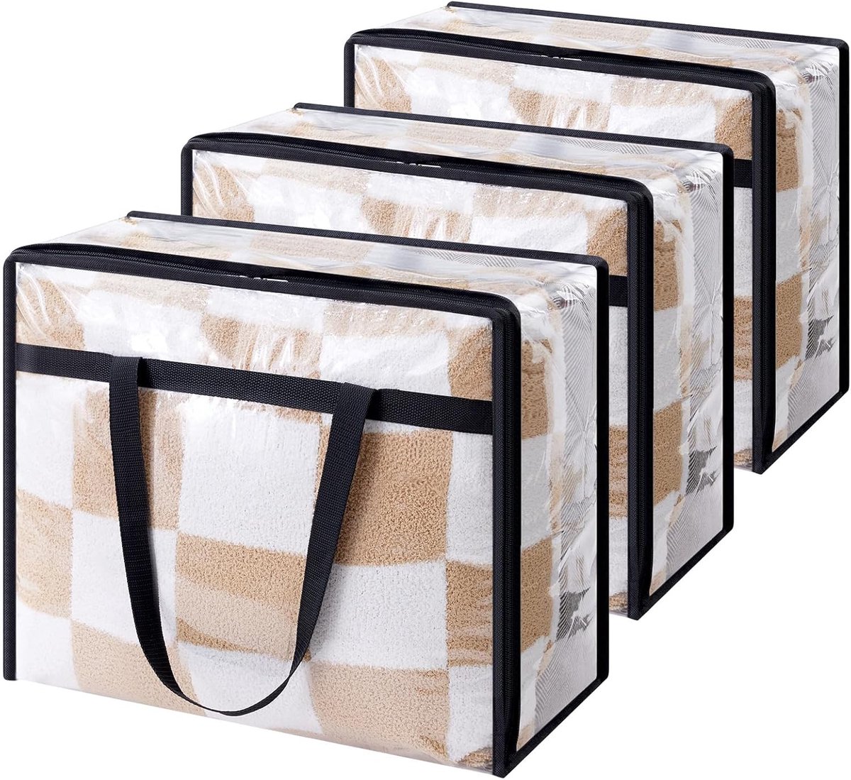 OLOEY Set van 3 transparante opbergzakken 40L-PVC kledingopbergtas, opvouwbaar dekbedovertrek met handgrepen-opbergdoos voor verhuizen, kleding, dekens, speelgoed, boeken
