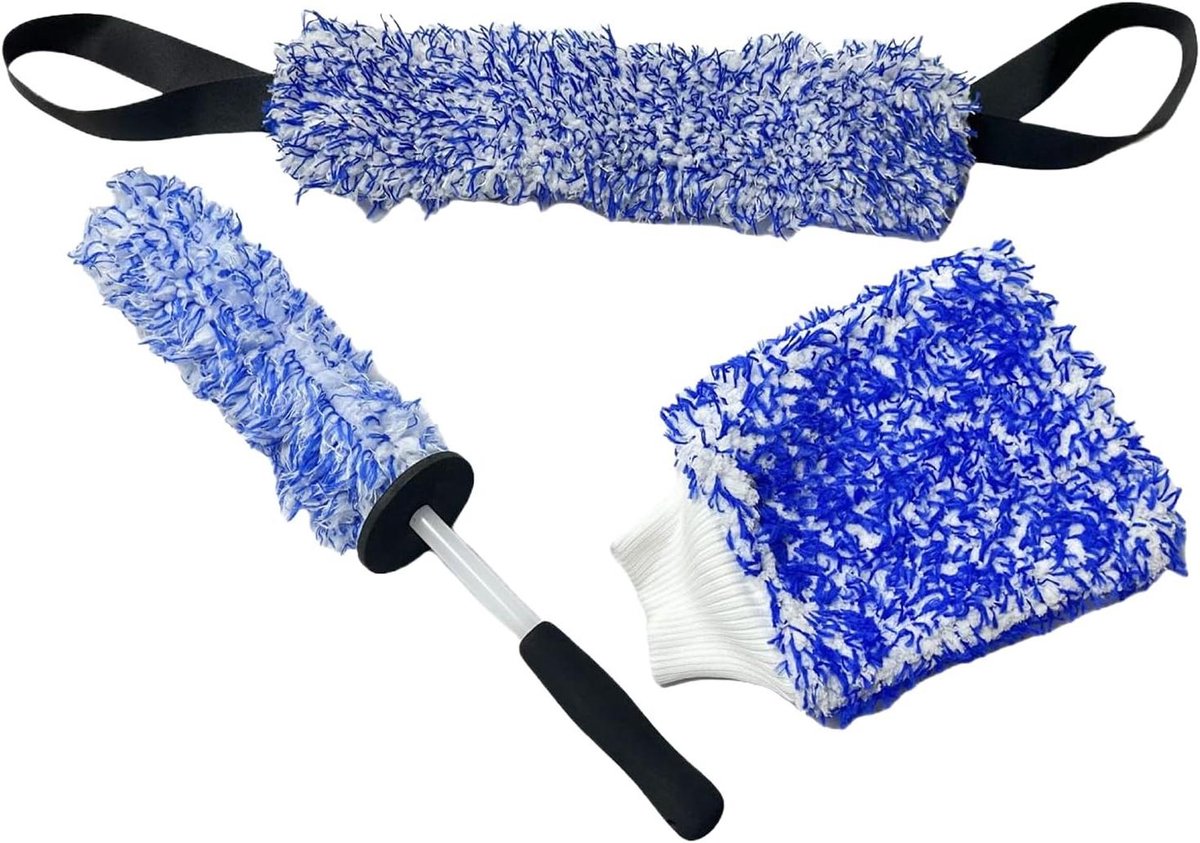 Wielborstel Set - Velgenborstel Microvezel - Auto Reinigen - Precisie Spaakopeningen - 3 Stuks - Blauw