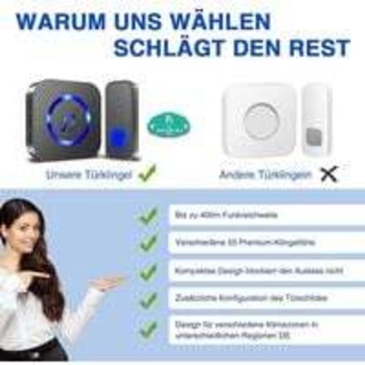 Draadloze deurbel met een effectief bereik van 400 meter, IP55 waterdichte elektronische deurbelset, inclusief een stekkerontvanger, 55 beltonen, instelbaar volume in 5 stappen en een blauw/zwart tweekleurig LED-lampje.