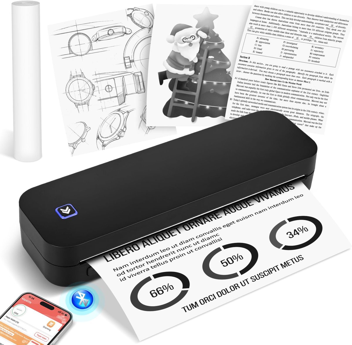 Dreamhigh® Mobiele A4-printer voor onderweg – Draadloze Thermische Bluetooth - Printer – Ondersteunt 210 x 297 mm Thermisch Papier – Compatibel met iOS & Android