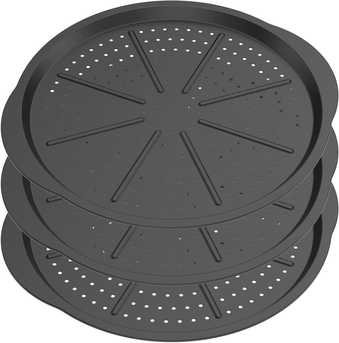 Pizza Platen - Bakplaten Ronde - Thuis Bakken - Perforatie En Handvatten - 3 Stuks 33 cm - Zwart