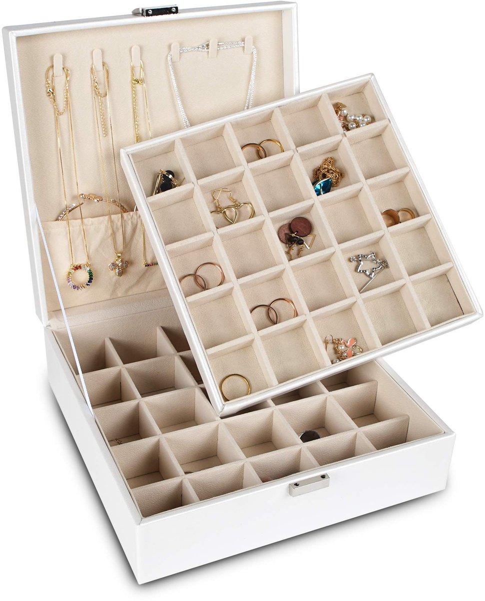 Dailygoods - Oorbelorganizer - Sieradendoos met 50 Vakken - Dubbel Gelaagd - Parelwit - Sieradenopbergbox - Geschikt voor Dames - Oorbellen ...