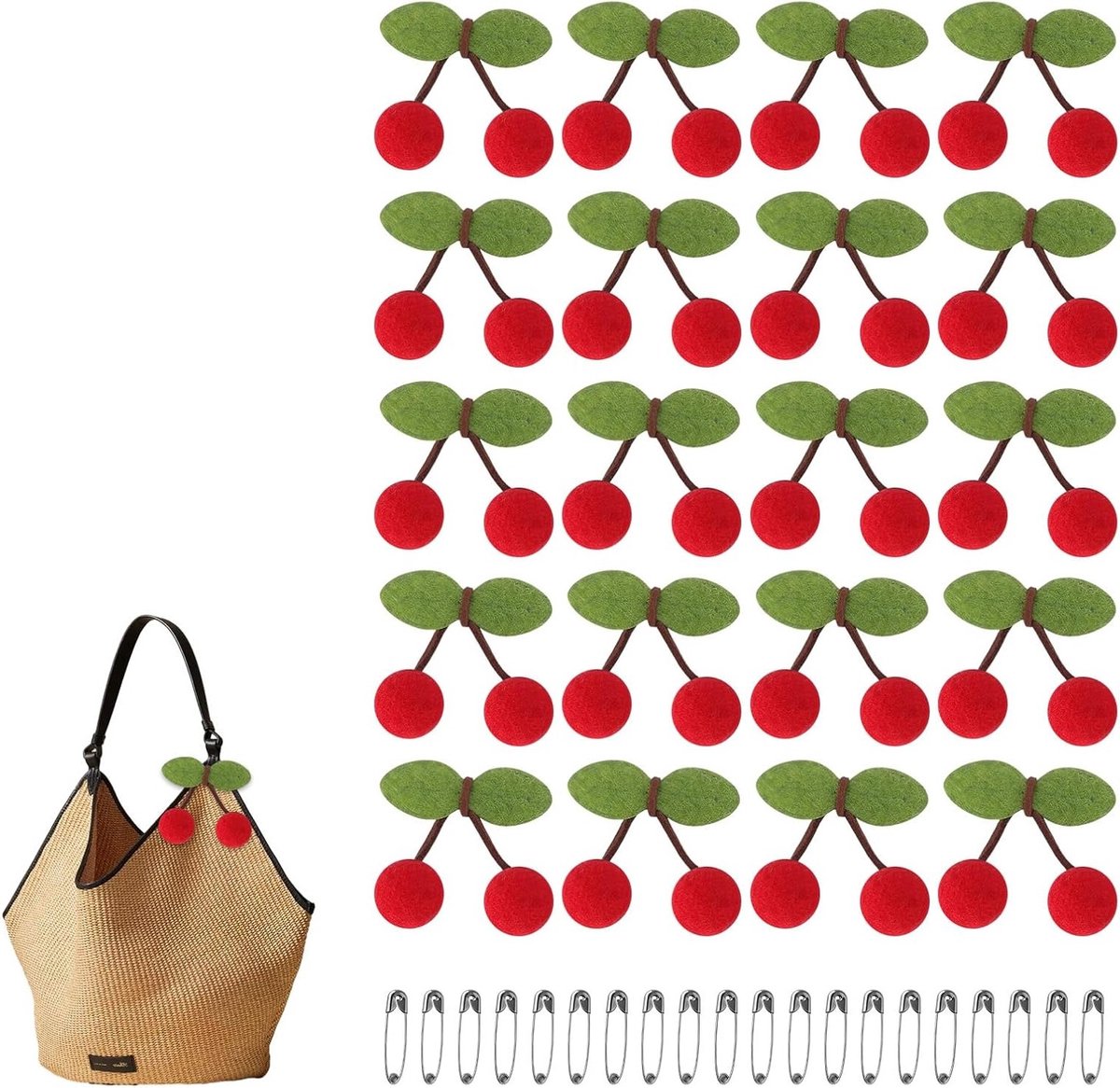 Kersendecoratie met veiligheidsspeld, 3D-vilten accessoires voor kostuums, DIY knutselmateriaal voor carnaval en haarbanden, 20 stuks kersenrood