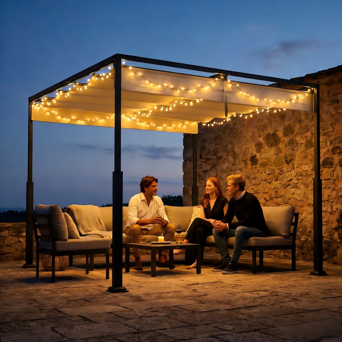 Froadp 3x4M Pergola met Schuifdak Tuinpaviljoen Waterdicht & Wintervast Vrijstaande Terrasoverkapping Zonwering - Beige