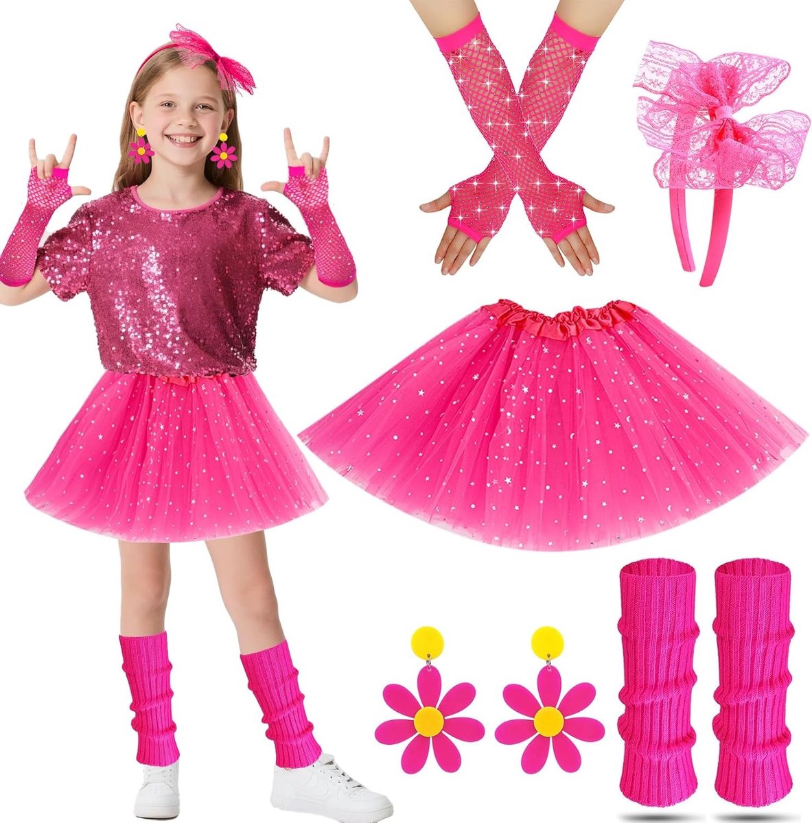 Kleurige 80s Kostuums voor Kinderen met Legwarmers, Tutu Rok, Handschoenen en Oorbellen voor Disco Feestjes en Verkleedpartijen