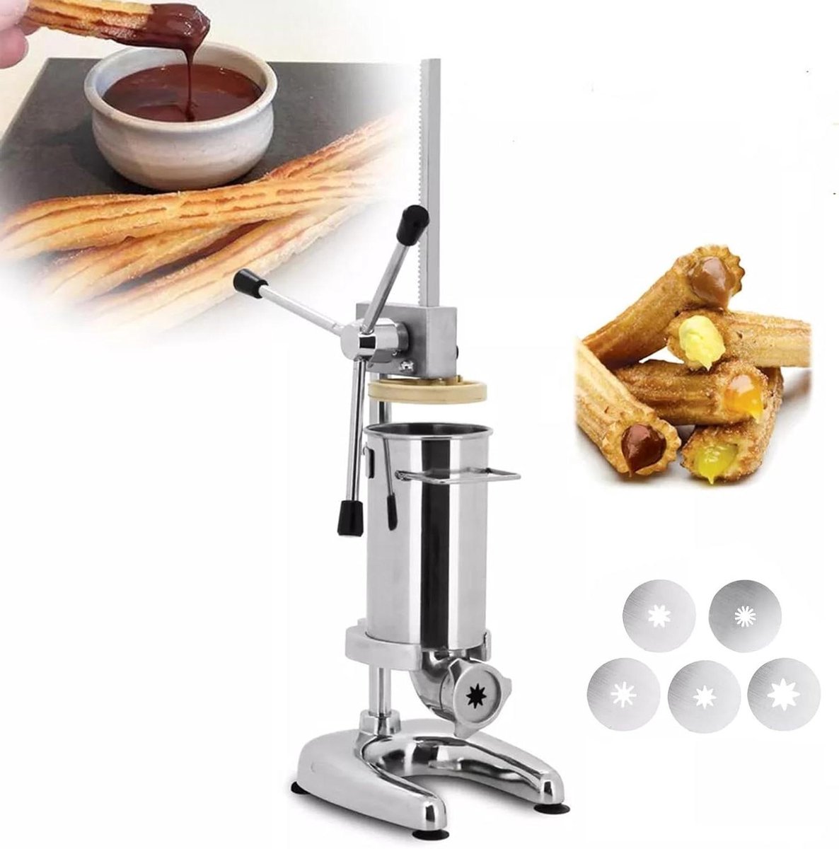 Churros Vulmachine - Donut Maker - Bakkerij Gebruik - Vijf Spuitmonden - 3L Capaciteit - Zilver