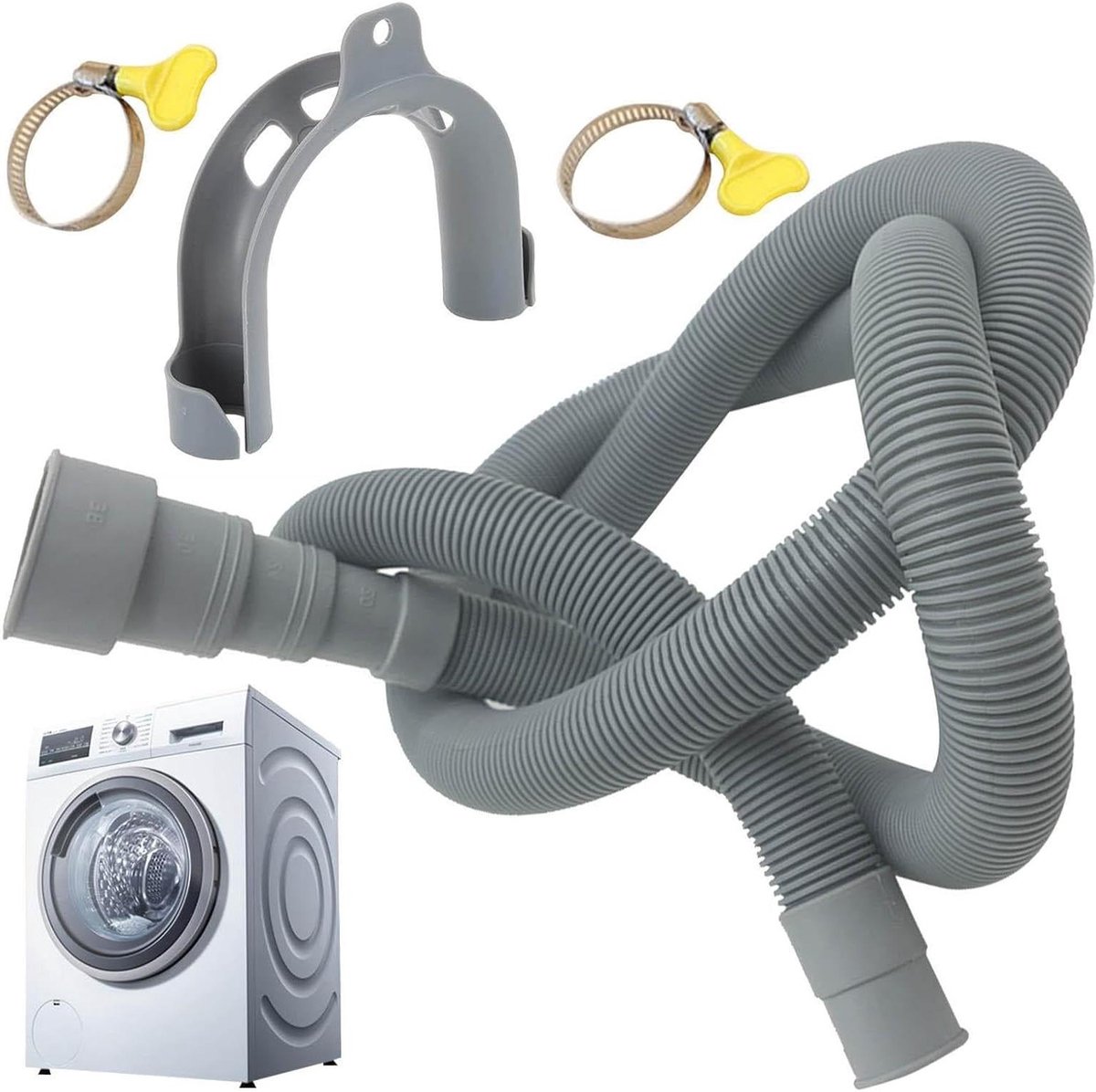 Wasmachine Afvoerslang - Verlengslang - Water Afvoeren - Dubbel Klemsysteem - 2 Meter - Grijs