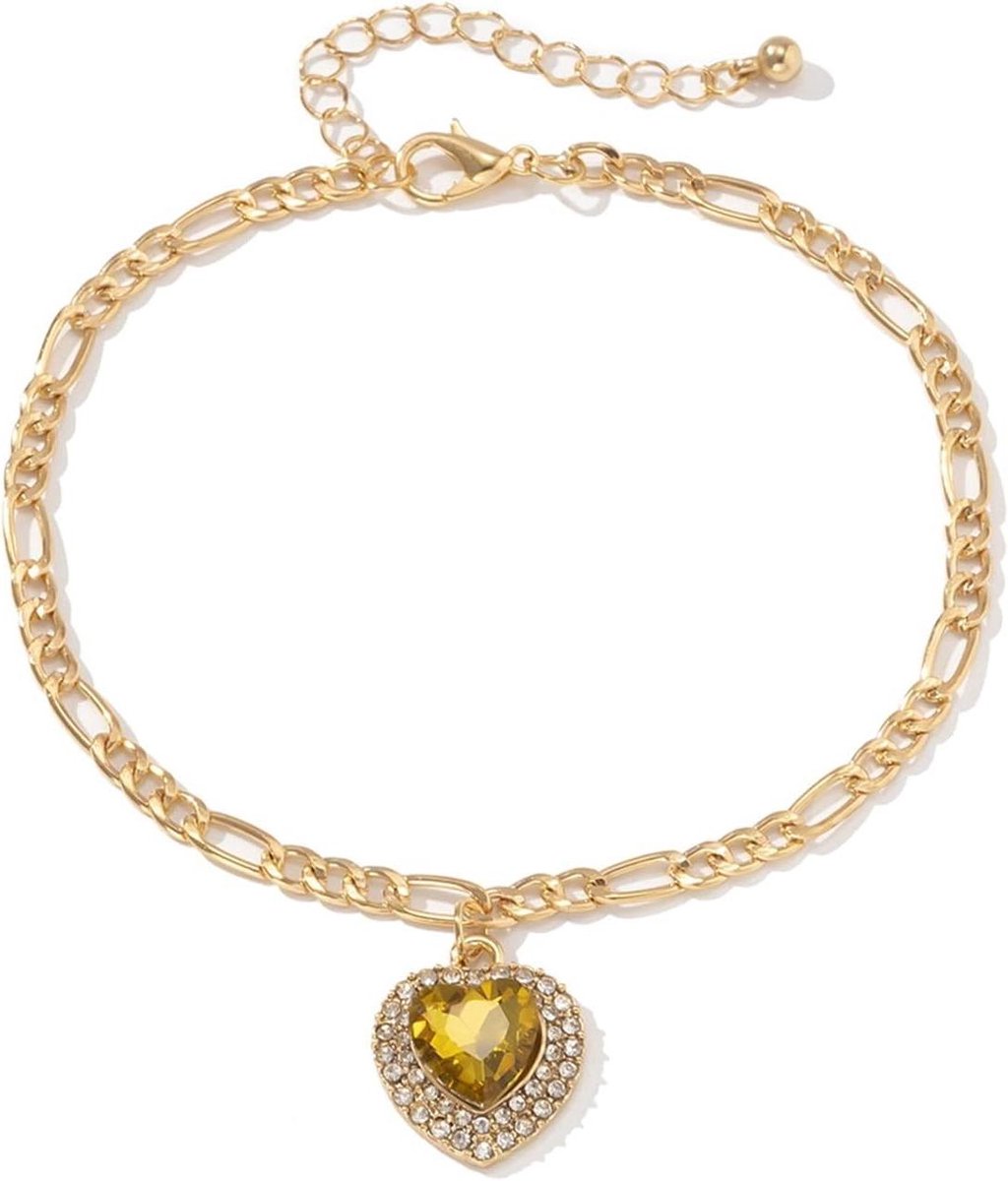 Enkelbandje Ketting - Gouden Boho Accessoire - Zomerse Stijl - Hart Zirconia - 27 cm - Goudkleurig