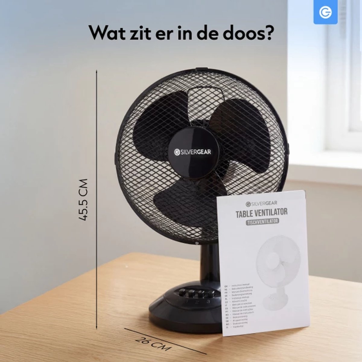 Tafel Ventilator - Compacte Luchtkoeler met 3 Snelheden - Bureauventilator - Kleine Ventilator - Luchtkoeler - Statiefventilator Slaapkamer - Krachtige Fan - Ventilator Staand voor Kantoor - Waaier - Verkoeling - Air Cooler - Zwart - Silvergear thumbnail 4