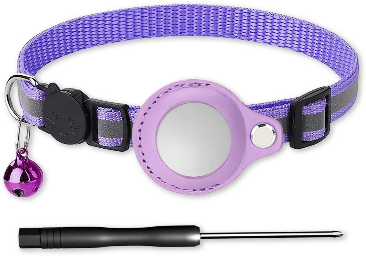 LUQ – Kattenhalsband Paars met Airtag Houder – Reflecterend & Verstelbaar – Met Belletje – Premium Nylon