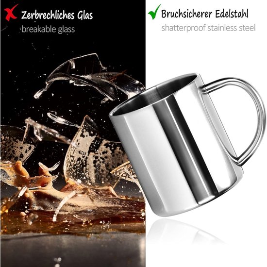 Set van 2 geïsoleerde roestvrijstalen mokken - Dubbelwandig - Onbreekbare koffiemokken - Thermische drinkbekers - Camping- & melkmokken - Met handvatten - Vaatwasserbestendig - Ideaal voor op de camping en dagelijks gebruik — afbeelding 3