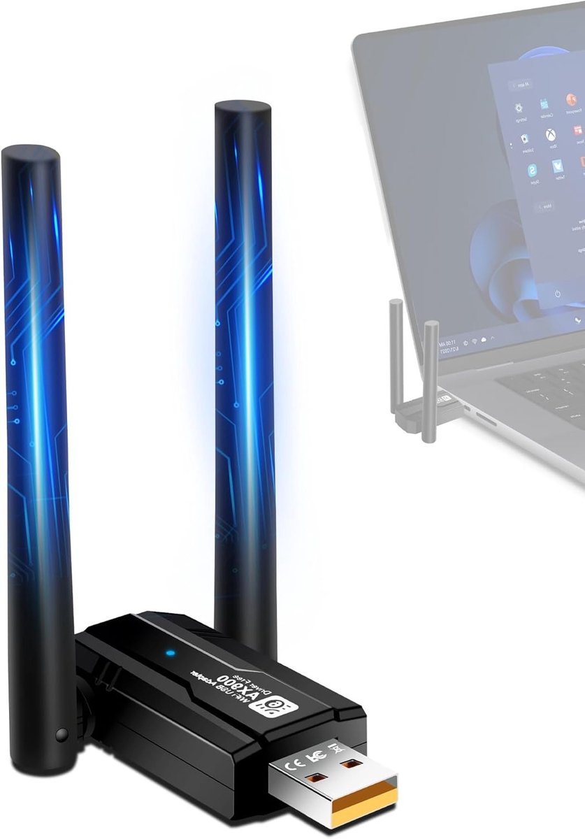 SnelShoppen - AX900Mbps WiFi 6 USB Stick voor PC met Bluetooth Adapter, 5DBI Antenne, Dual Band 2.4G/5GHz, MU-MIMO, WPA3, Voor Win7/8/10/11