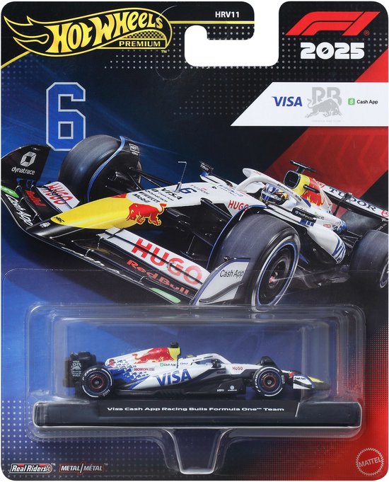 Hot Wheels verpakking met schaalmodel Formule 1 auto, wit met blauwe en rode details, Visa logo.