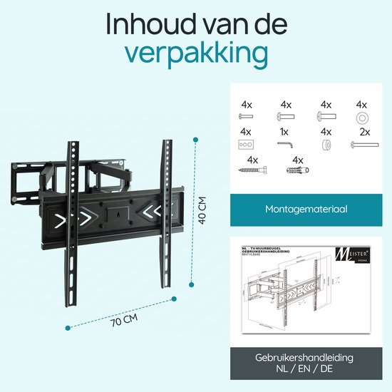 Meisterhome TV Muurbeugel 32 t/m 70 Inch – Draaibaar & Kantelbaar – Universele TV Beugel – VESA 400x400 – Uitschuifbaar – Max. 45 kg – Zwart