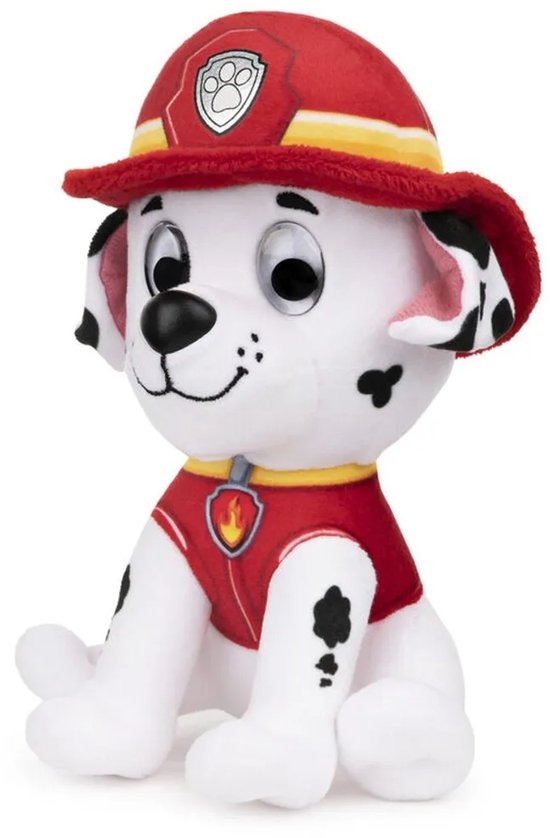 Zachte Marshall van Paw Patrol met rode helm en reddingsvest, met grote ogen.