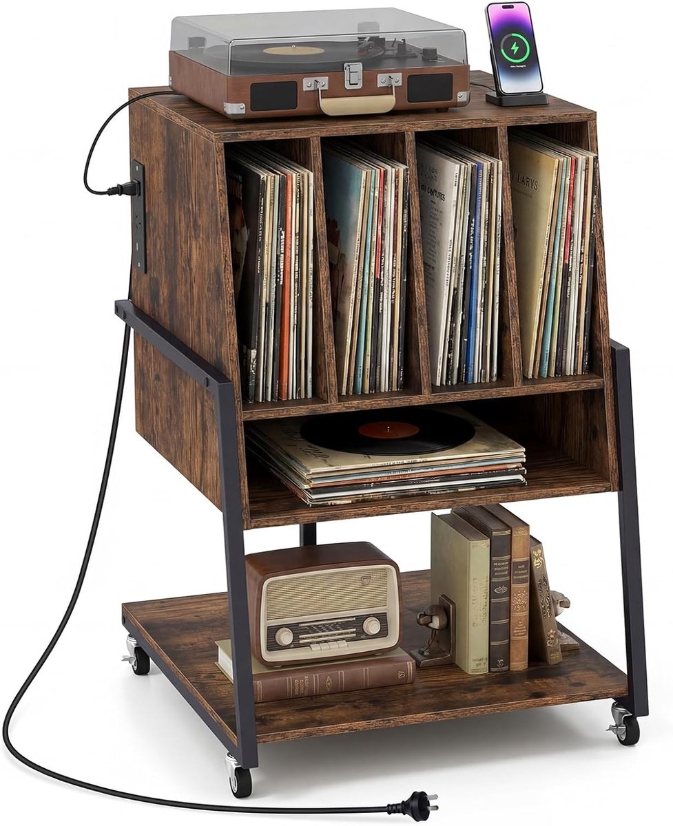 Platenkast met Oplaadstation - Platenspeler Meubel met Opbergvakken - Vinyl Opbergkast met Industriële Look - USB & Type-C Laadpunten - 70 kg Draagvermogen - Verrijdbare Turntable Stand - Record Player Storage Cabinet