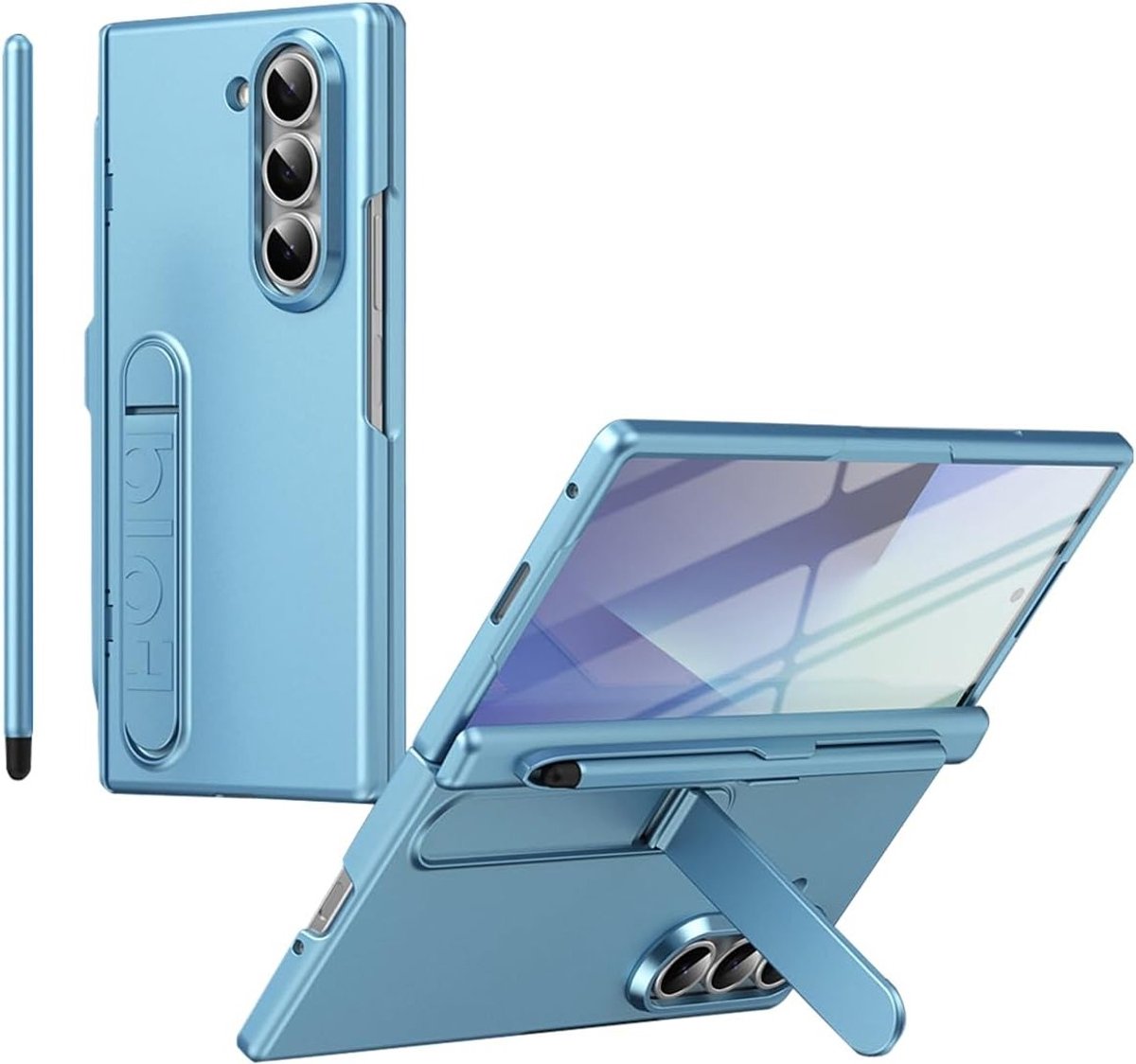 Folding Stand Case voor Galaxy Z Fold 5 met Ingebouwde Schermbeschermer, Hinge Bescherming en Penhouder - Lichtblauw, Ideaal voor Bescherming en Gebruiksgemak